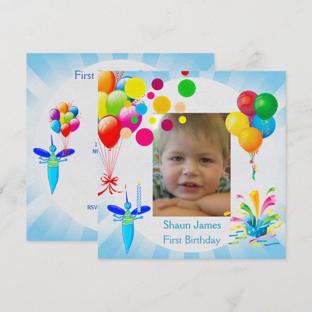 Invitación Primer cumpleaños primer niño globo azul (Anverso / Reverso)