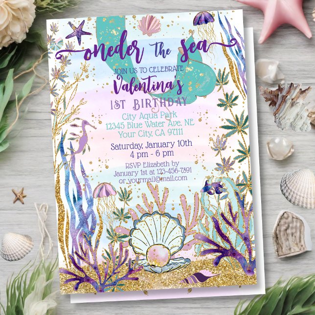 Invitación Primer cumpleaños, primer Purpurina de la sirena m (Subido por el creador)