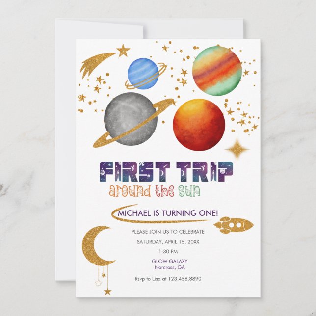 Invitación Primer cumpleaños | Primer Viaje Alrededor Del Sol (Anverso)
