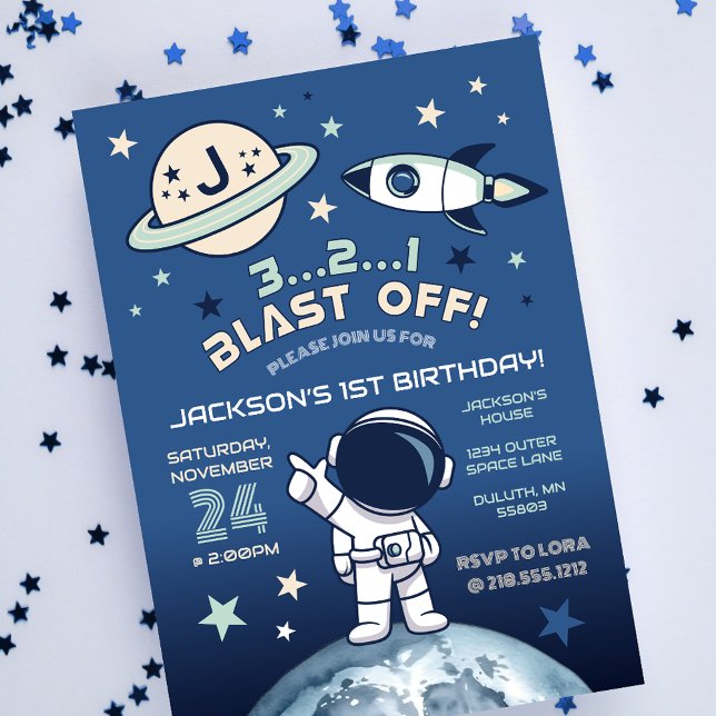 Invitación Primer Cumpleaños Primer Viaje Alrededor Del Sol C (Outer Space Out of this World 1st Birthday Invitation)