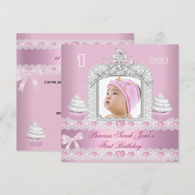 Invitación Primer cumpleaños primera Chica Princesa Rosa Tiar (Anverso / Reverso)