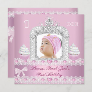 Invitación Primer cumpleaños primera Chica Princesa Rosa Tiar