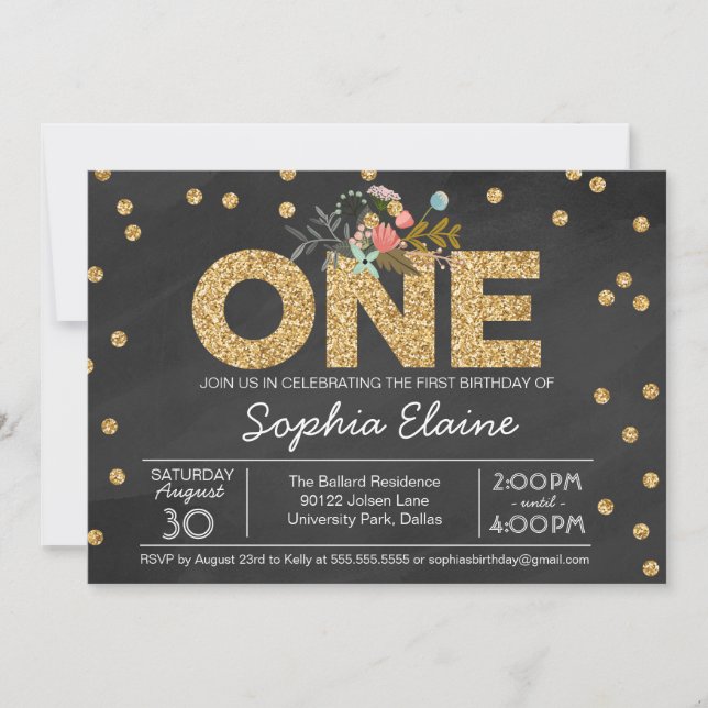 Invitación Primer cumpleaños, Purpurina de oro Confetti, Chal (Anverso)