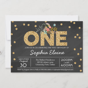 Invitación Primer cumpleaños, Purpurina de oro Confetti, Chal