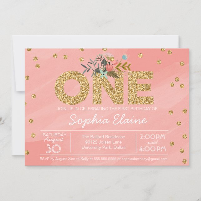 Invitación Primer cumpleaños, Purpurina de oro Confetti, rosa (Anverso)