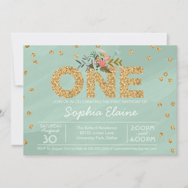 Invitación Primer cumpleaños, Purpurina de oro Confetti, verd (Anverso)