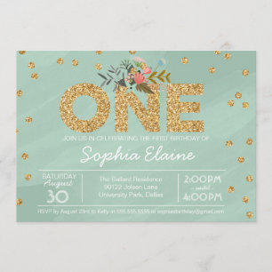 Invitación Primer cumpleaños, Purpurina de oro Confetti, verd