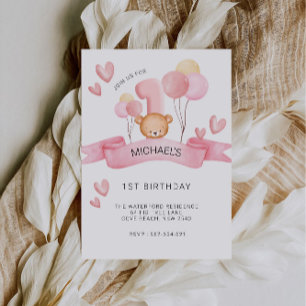 Invitación Primer cumpleaños rosado, Oso Teddy