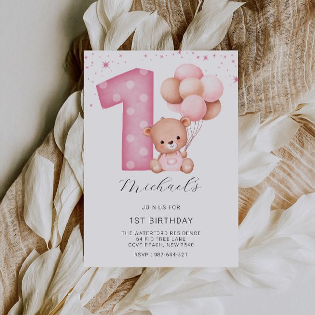 Invitación Primer cumpleaños rosado, Oso Teddy (Pink 1st Birthday, Teddy Bear Invitation)