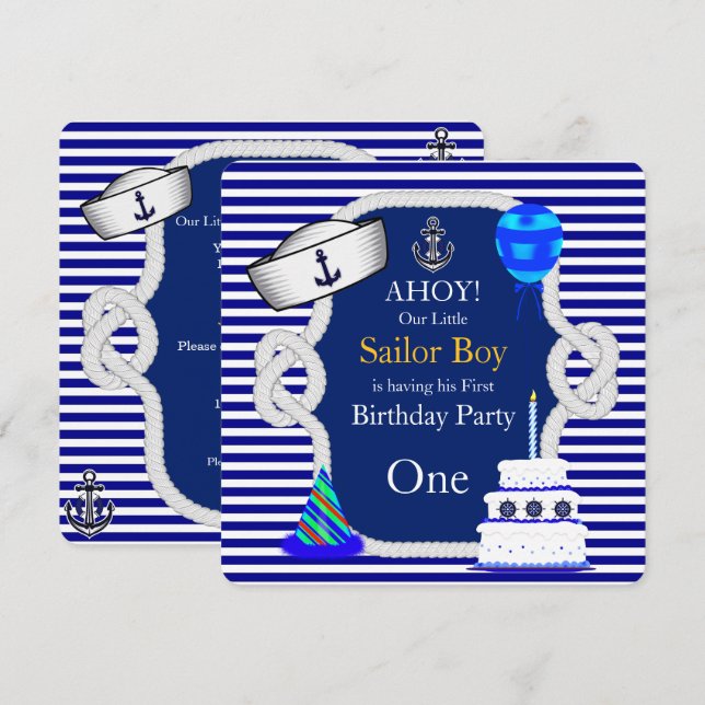 Invitación Primer cumpleaños Sailor Boy Blue Stripe (Anverso / Reverso)