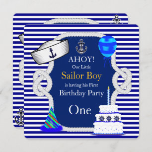 Invitación Primer cumpleaños Sailor Boy Blue Stripe