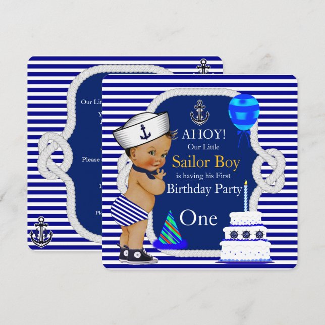 Invitación Primer cumpleaños Sailor Boy Navy banda azul (Anverso / Reverso)