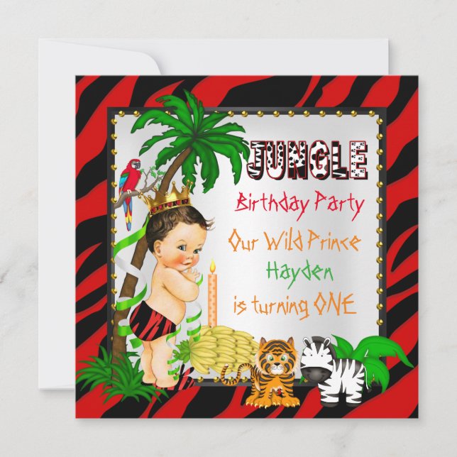 Invitación Primer cumpleaños Selva Safari Príncipe Salvaje Br (Anverso)