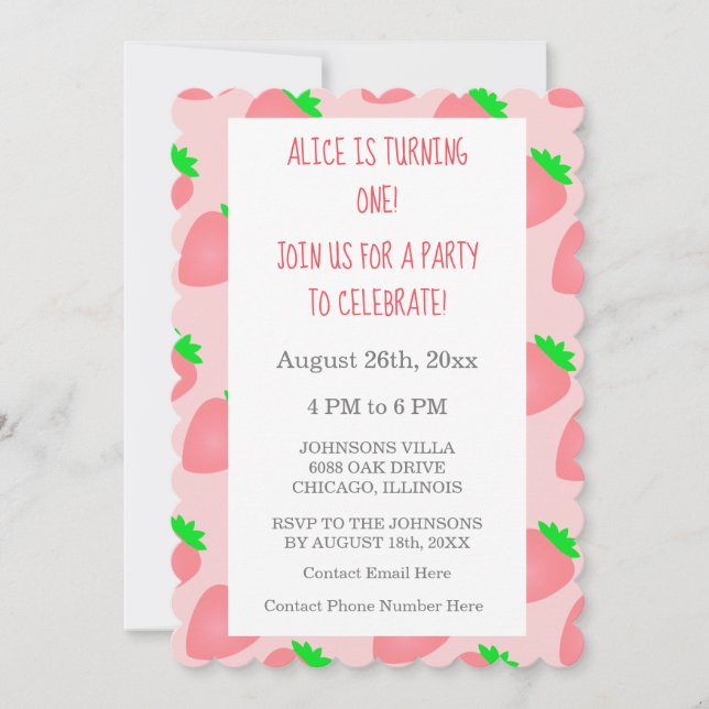 Invitación Primer cumpleaños Strawberry Pink Baby Girl Guay (Anverso)
