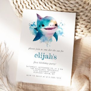 Invitación Primer Cumpleaños Tiburón Acuarela Azul Adorable