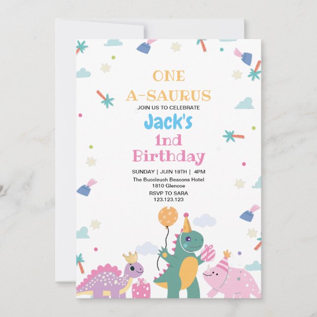 Invitación Primer cumpleaños tres dinosaurios banales (Anverso)