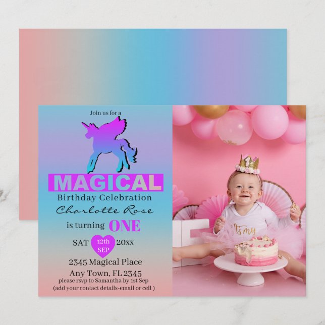 Invitación Primer Cumpleaños Unicornio Mágico Rosa Azul (Anverso / Reverso)