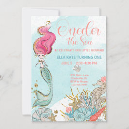 Invitación Primer cumpleaños UNO de la sirena marina