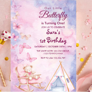 Invitación Primer cumpleaños WatercoloBear LItlle Butterfly