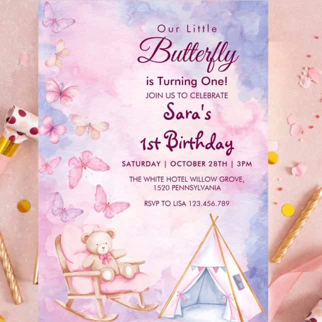 Invitación Primer cumpleaños WatercoloBear LItlle Butterfly (Subido por el creador)