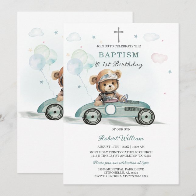 Invitación Primer cumpleaños y bautismo de Bear Boy (Anverso / Reverso)