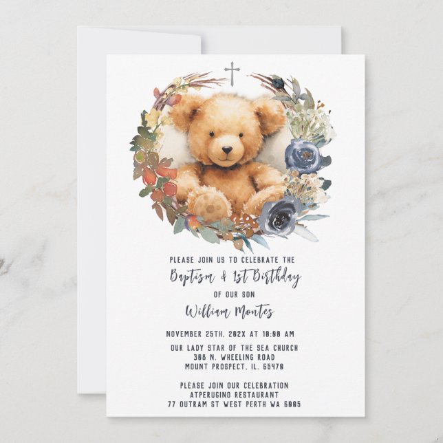 Invitación Primer cumpleaños y bautismo de Bear Boy (Anverso)