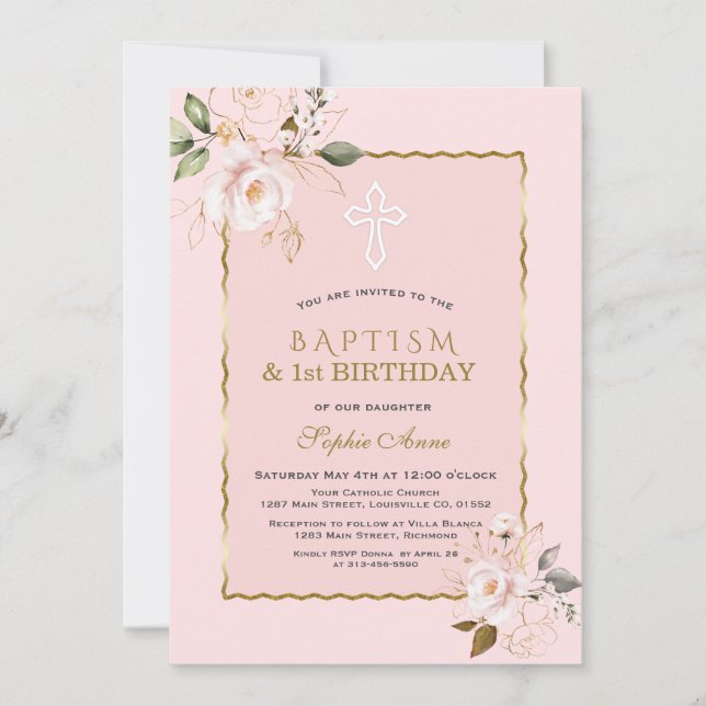 Invitación Primer cumpleaños y bautismo de Chica de las flore (Anverso)