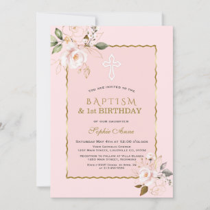 Invitación Primer cumpleaños y bautismo de Chica de las flore