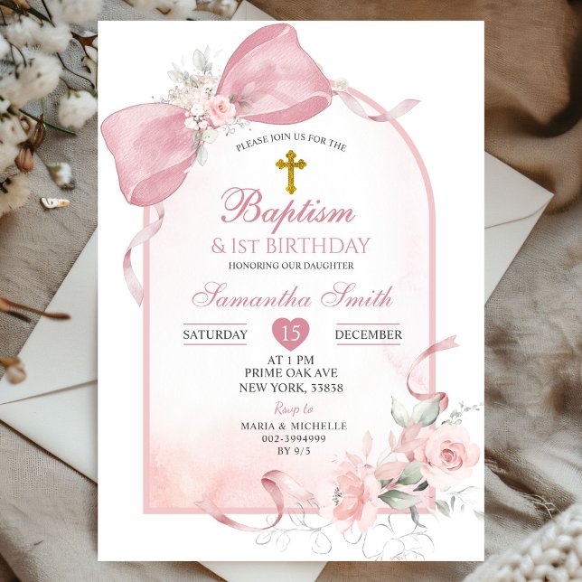 Invitación Primer cumpleaños y bautismo de Rubor Pink Bow Arc (Subido por el creador)