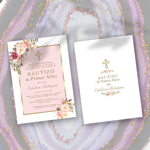 Invitación Primer cumpleaños y bautismo en español de la flor