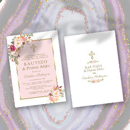 Invitación Primer cumpleaños y bautismo en español de la flor