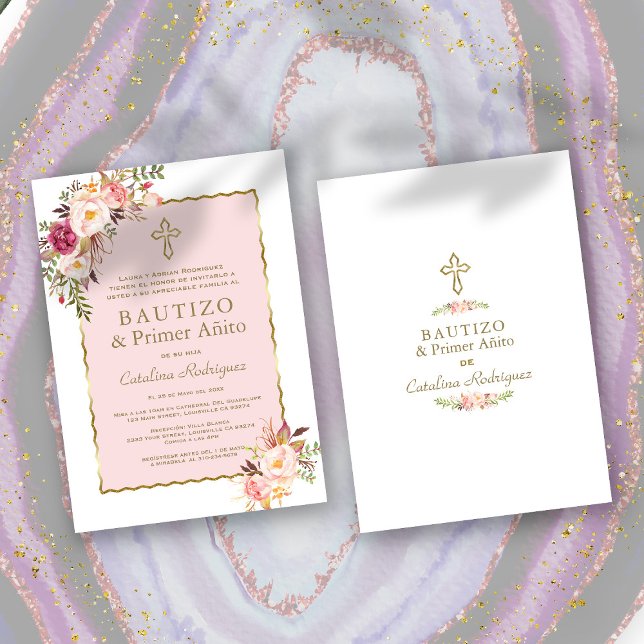 Invitación Primer cumpleaños y bautismo en español de la flor (spanish baptism and birthday invitation, trendy baptism 1st birthday, elegant pink floral baptism)