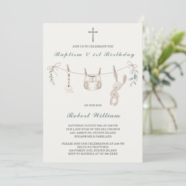 Invitación Primer cumpleaños y bautizo de niño Boho (Anverso de pie)