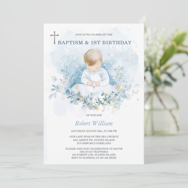 Invitación Primer Cumpleaños y Bautizo Personalizado para Niñ (Anverso de pie)