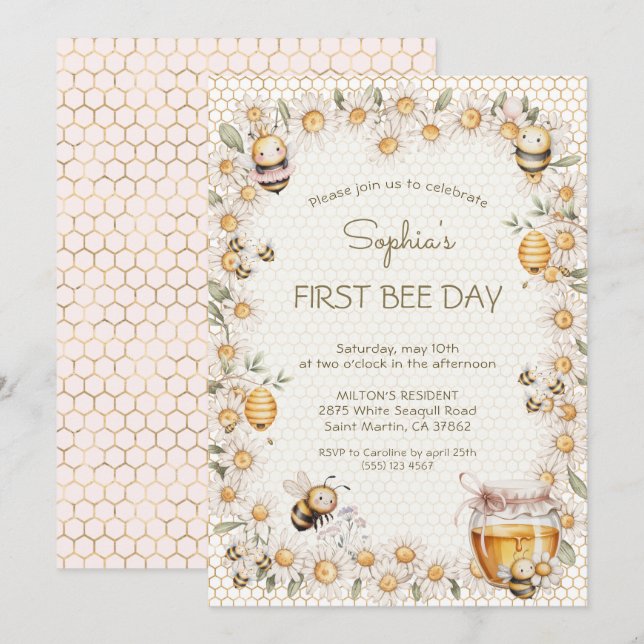 Invitación Primer día de la abeja Cumpleaños Flores de margar (Anverso / Reverso)