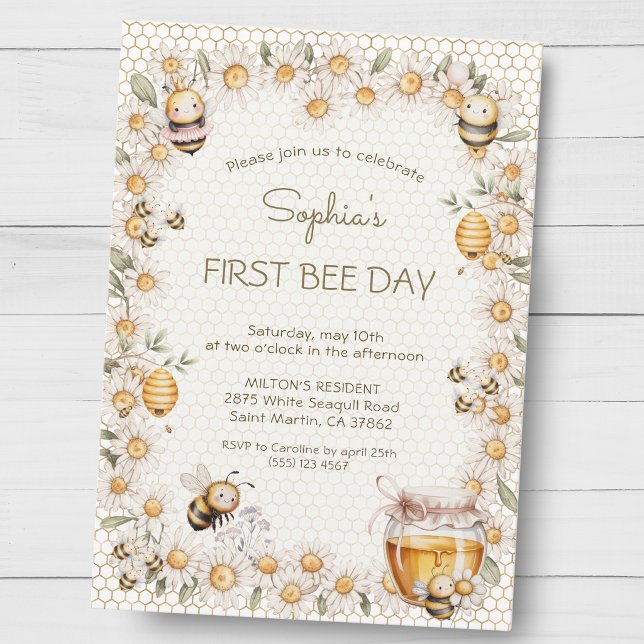 Invitación Primer día de la abeja Cumpleaños Flores de margar (Subido por el creador)