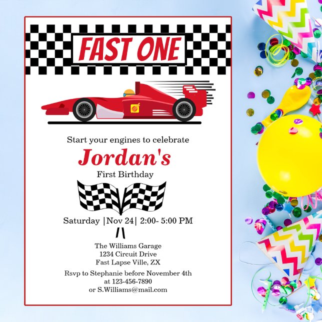 Invitación Primer Día de Nacimiento de Carro Rojo Rápido Uno (Subido por el creador)
