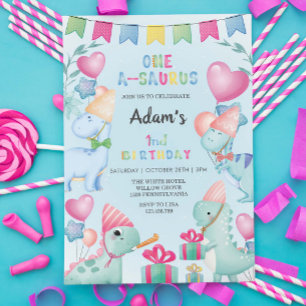 Invitación Primer dinosaurio acuarela de cumpleaños, azul cla