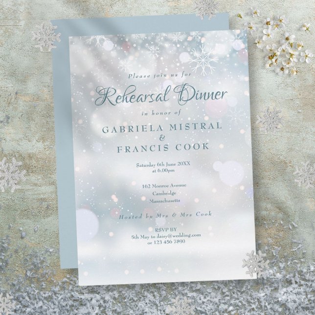 Invitación Primer ensayo Boda de copos de nieve (First Snowflakes Wedding Rehearsal Dinner Invitation)