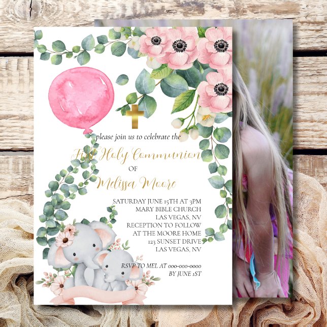 Invitación Primer Eucalipto de globo rosa de la comunión sagr (Subido por el creador)