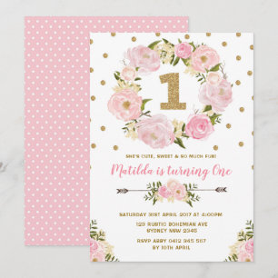 Invitación Primer Fiesta con flor rosada y dorada, primer cum