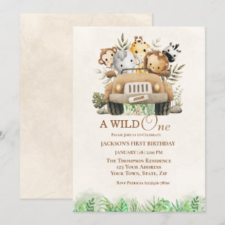 Invitación Primer Fiesta de animales de la selva Safari de cu