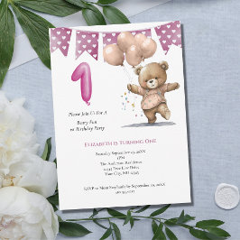 Invitación Primer Fiesta de cumpleaños bebé niña lobo de oso