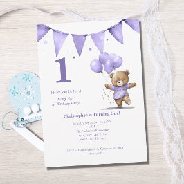 Invitación Primer Fiesta de cumpleaños bebé niño oso globos d