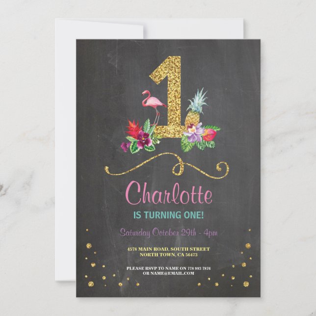 Invitación Primer Fiesta de cumpleaños de Flamingo Aloha Invi (Anverso)