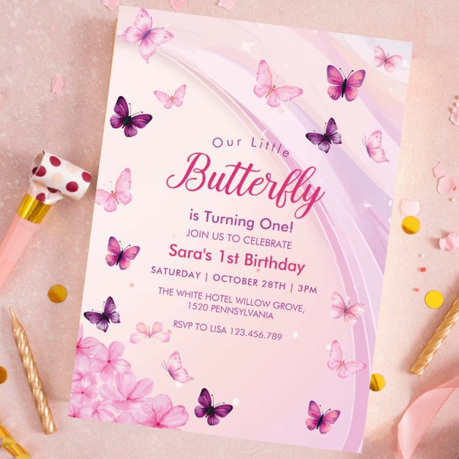 Invitación Primer Fiesta de cumpleaños de mariposas rosadas y (Subido por el creador)