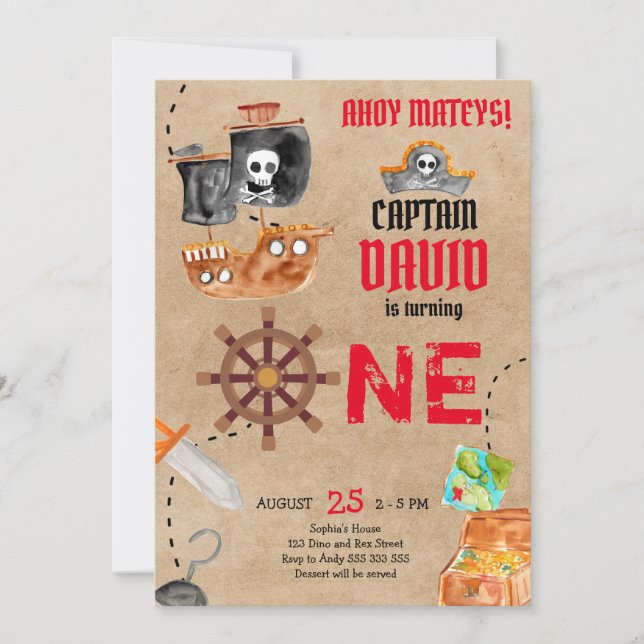 Invitación Primer Fiesta de cumpleaños de Pirata (Anverso)
