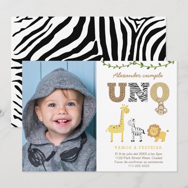 Invitación Primer Fiesta de cumpleaños de Safari en español,  (Anverso / Reverso)