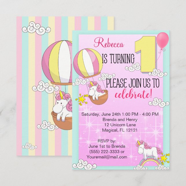 Invitación Primer Fiesta de cumpleaños de Unicorn Rainbow (Anverso / Reverso)