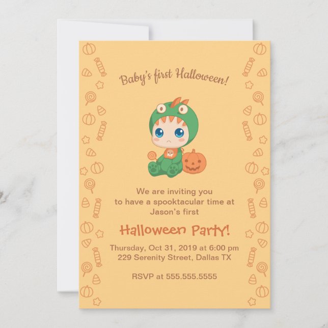 Invitación Primer Fiesta de dinosaurios de bebé de Halloween (Anverso)